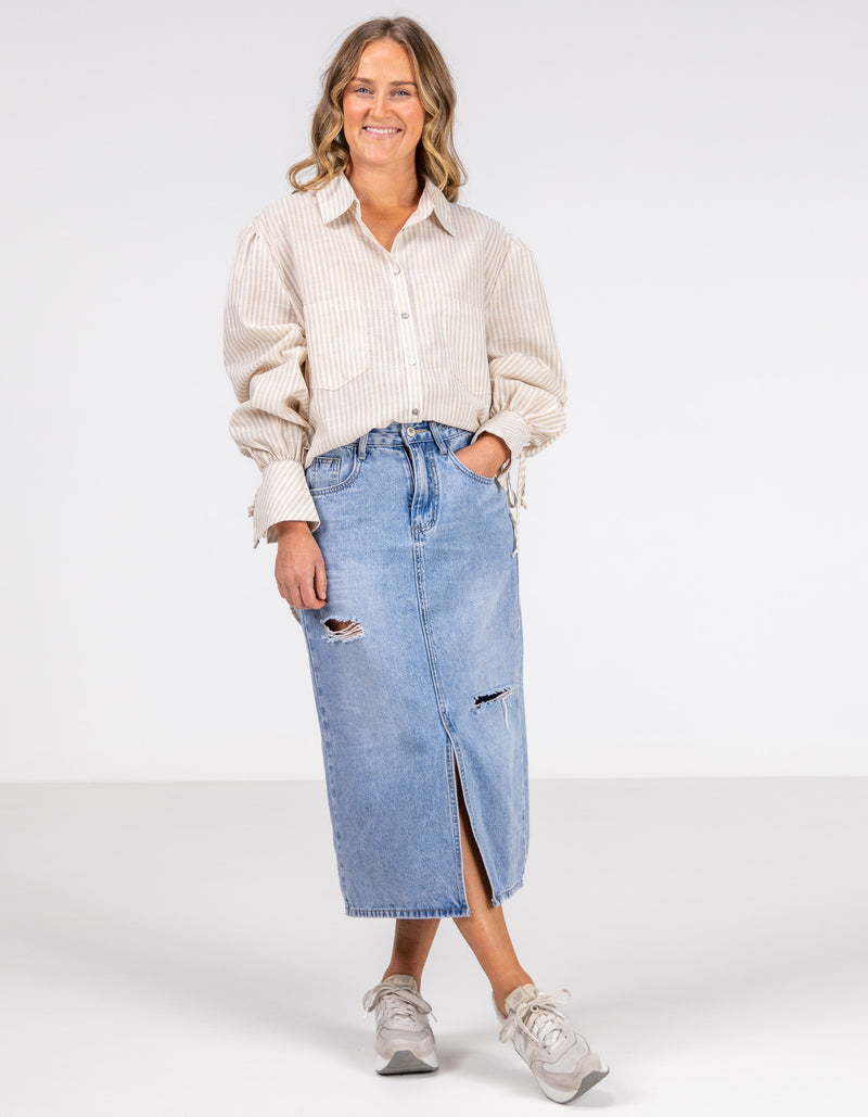 Bella Large Cuff Shirt in Beige/White Stripe