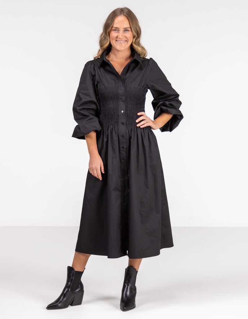 Sidney Shirred Button Front Midi Dress in Black