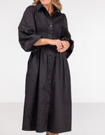 Sidney Shirred Button Front Midi Dress in Black