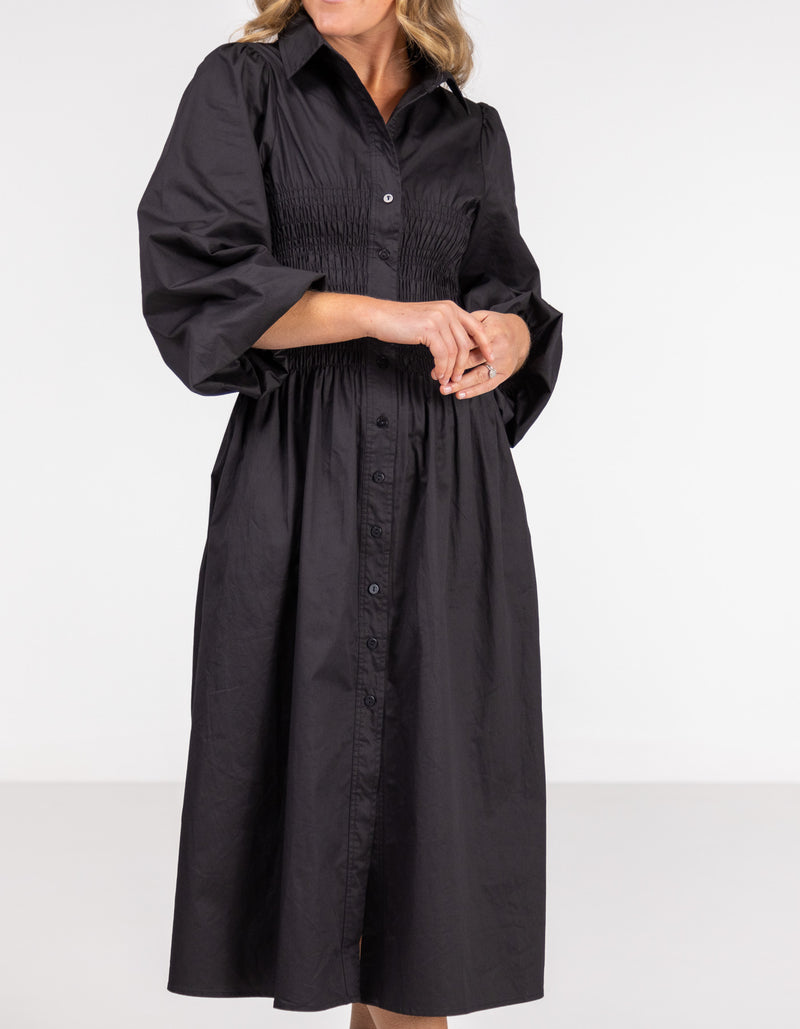 Sidney Shirred Button Front Midi Dress in Black