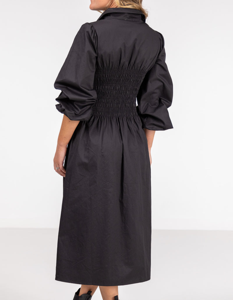 Sidney Shirred Button Front Midi Dress in Black