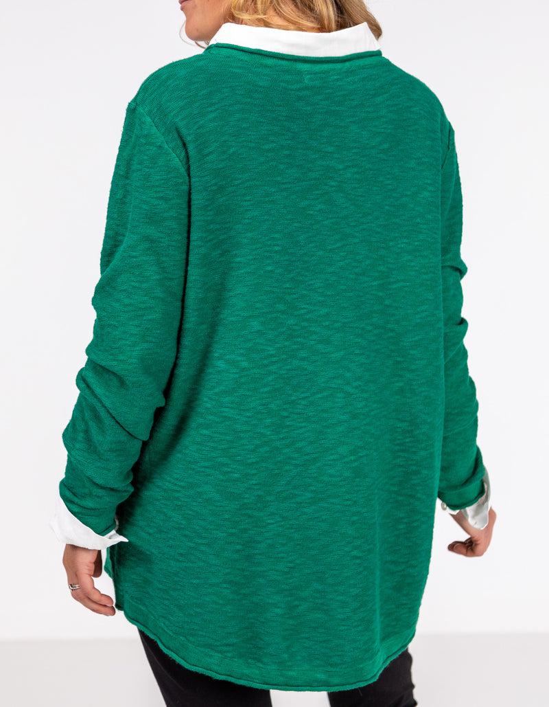 Lennon Long Sleeve Rolled Edge Top in Green Linen