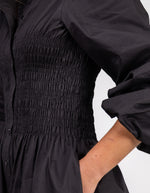 Sidney Shirred Button Front Midi Dress in Black