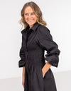Sidney Shirred Button Front Midi Dress in Black