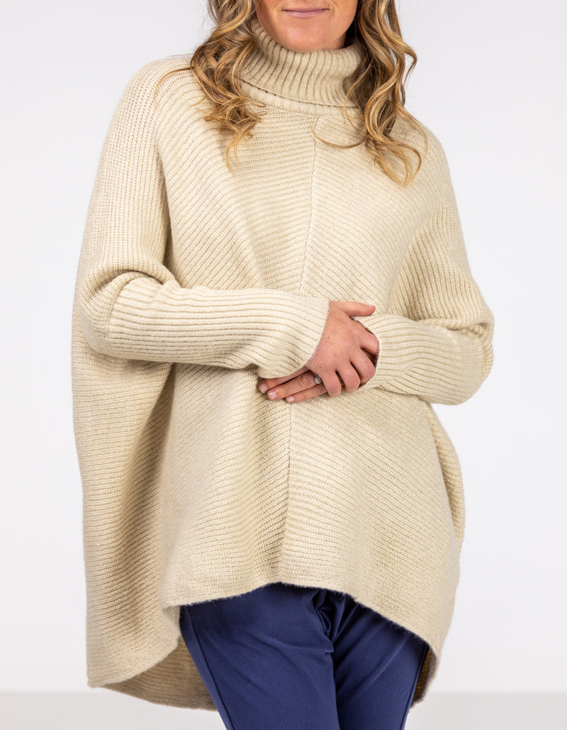 Parker Roll Neck Rib Knit Jumper in Beige