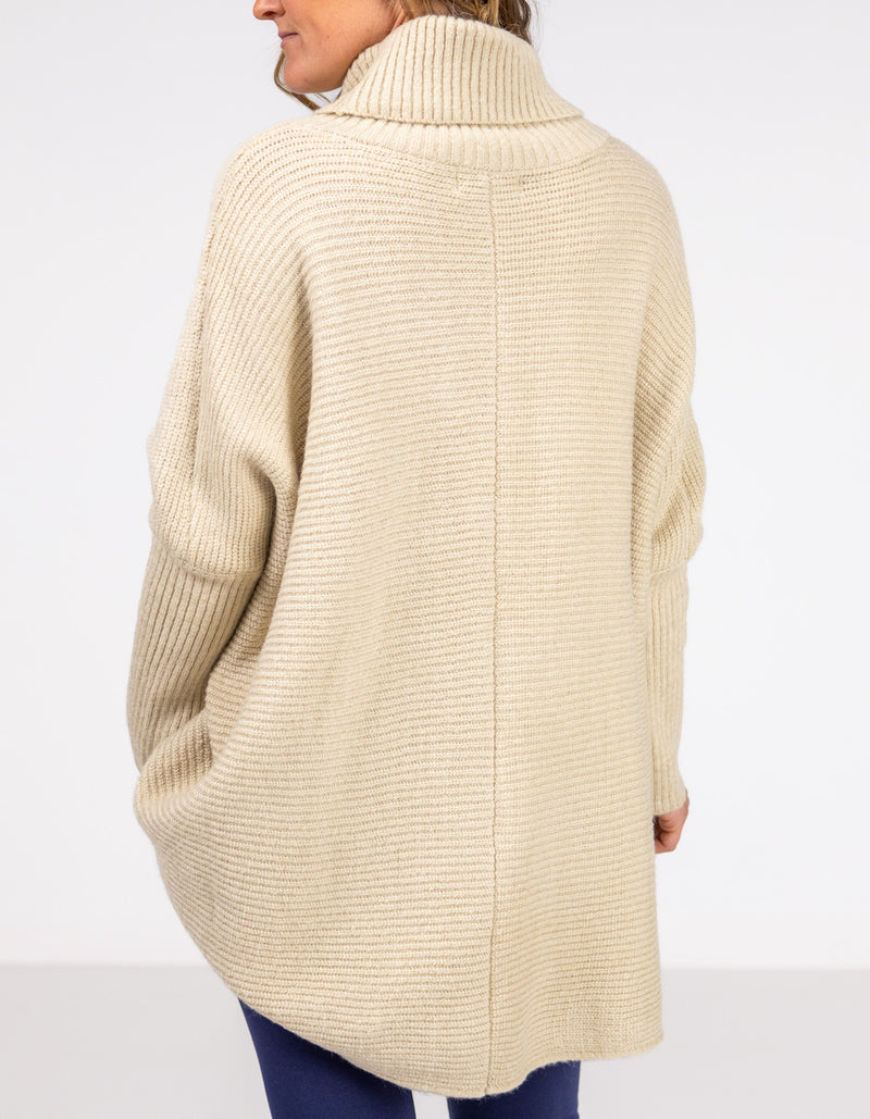 Parker Roll Neck Rib Knit Jumper in Beige