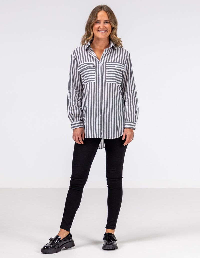 Avery Cotton Shirt in Charcoal Stripe