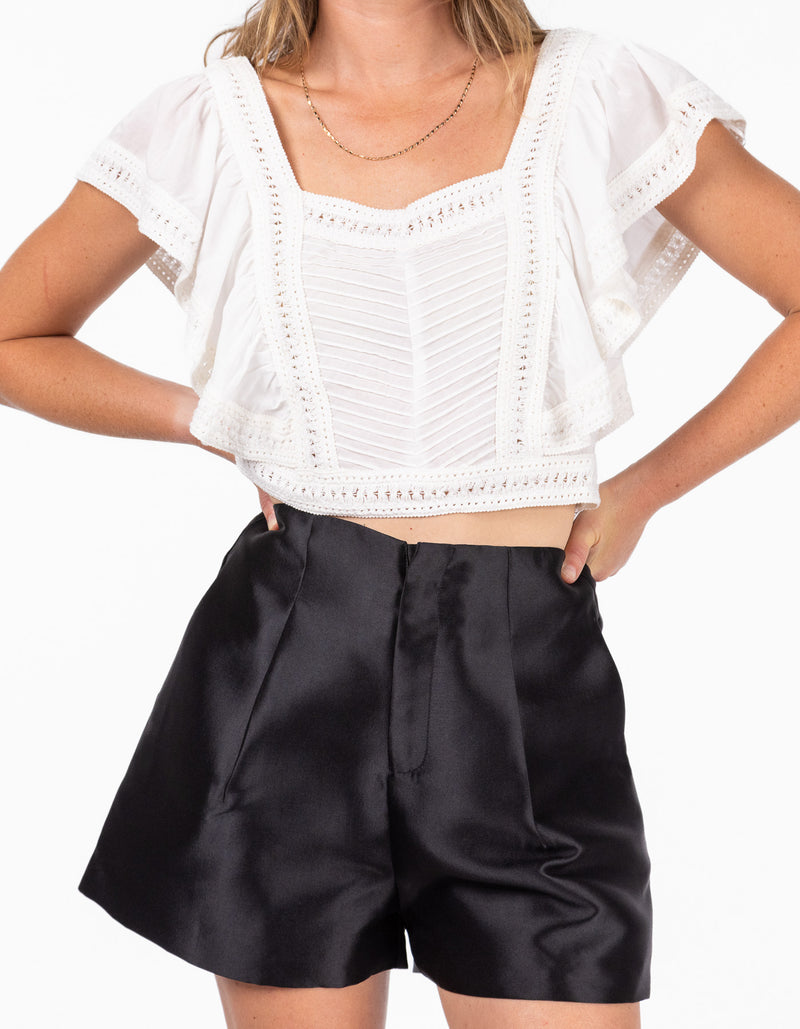 Shores Frill Sleeves Crop Top in White Cotton