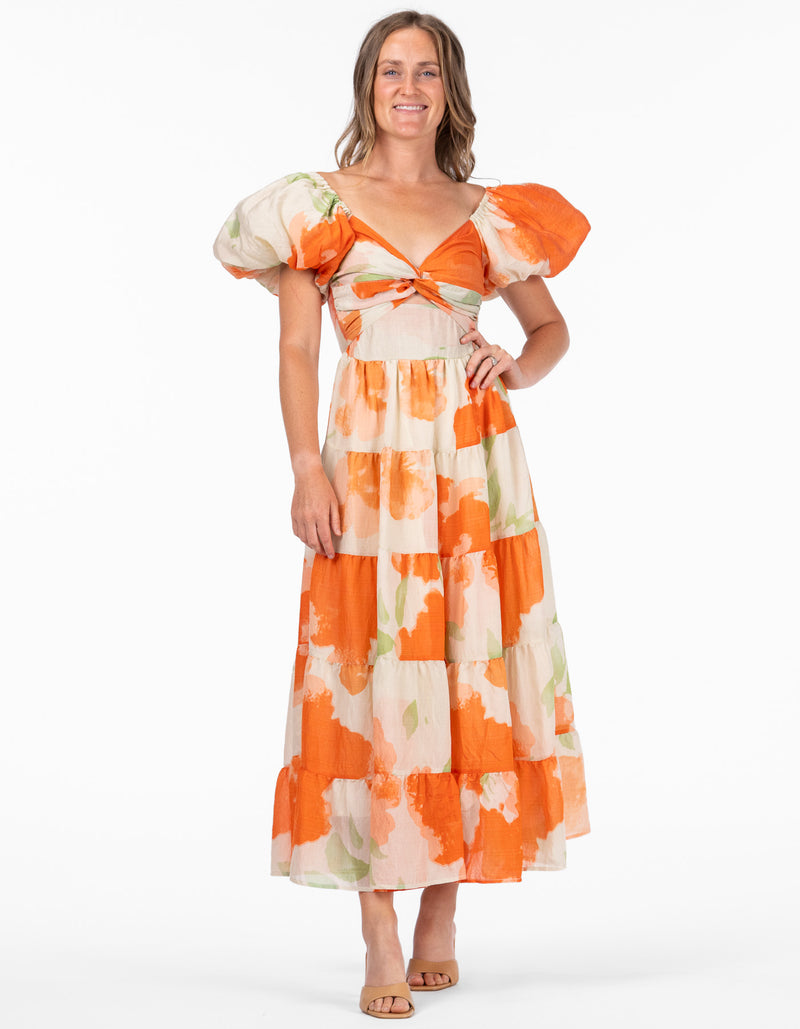 Carlow Balloon Sleeve Twist Bodice Midaxi Dress in Orange Print