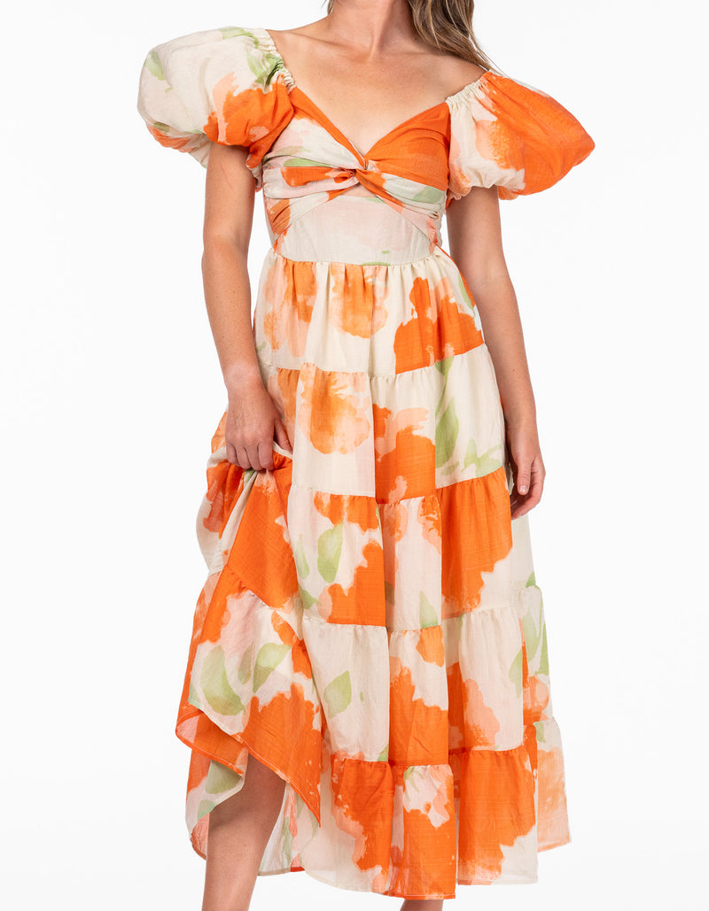 Carlow Balloon Sleeve Twist Bodice Midaxi Dress in Orange Print