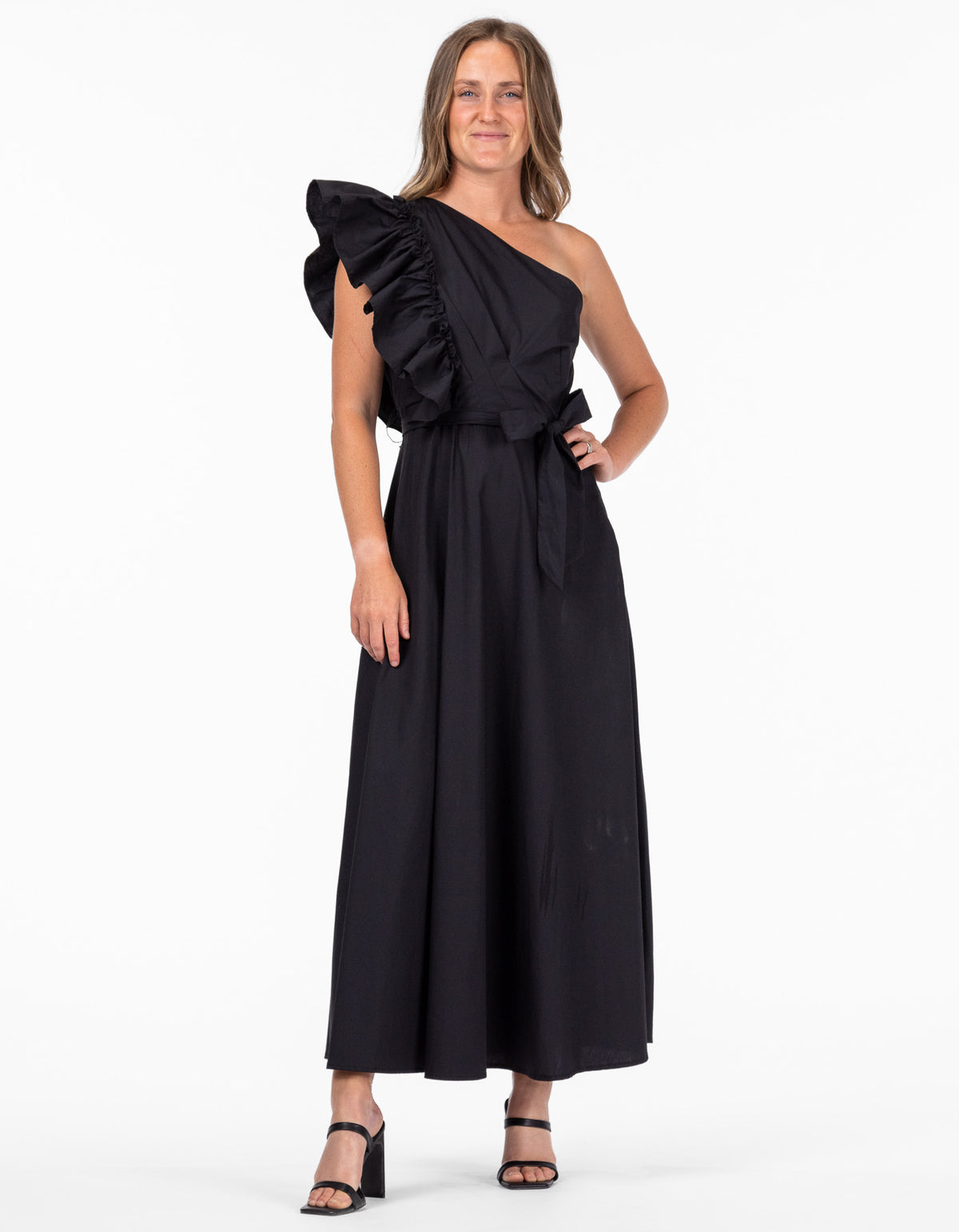 Poole One Shoulder Frill Midi Dress in Black