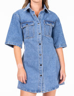 Islington Button Down Collar Dress in Blue Wash Denim