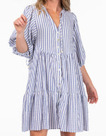Clara Button Front V Neck Dress in Blue Stripe