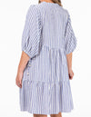 Clara Button Front V Neck Dress in Blue Stripe