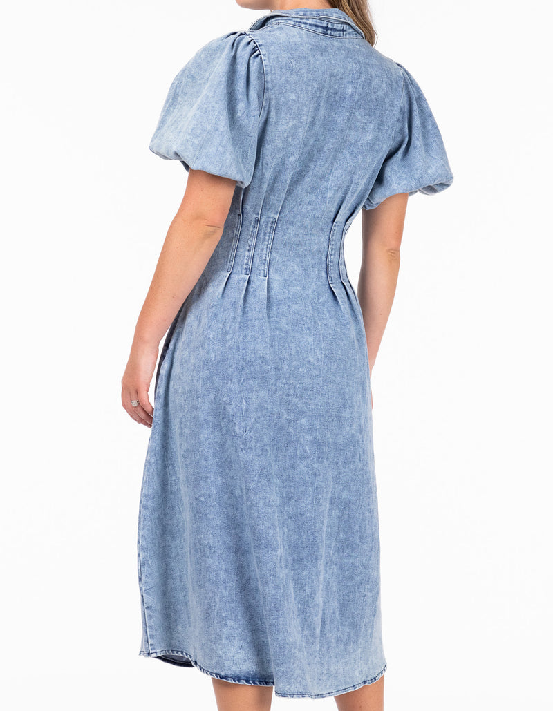 Austin Short Sleeve Button Down Midaxi Dress in Blue Wash Denim