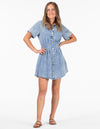 Tampa Short Sleeve Button Down Dress in Blue Wash Denim