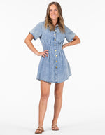 Tampa Short Sleeve Button Down Dress in Blue Wash Denim