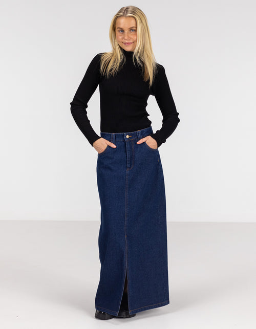 Avalon Denim Maxi Skirt with Split Hem in Indigo Blue
