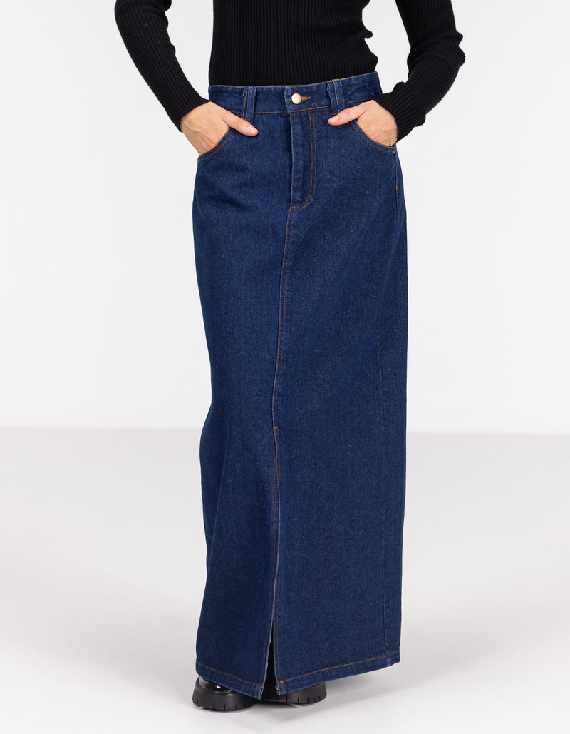 Avalon Denim Maxi Skirt with Split Hem in Indigo Blue