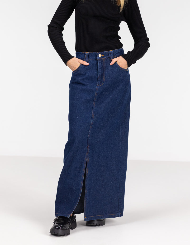 Avalon Denim Maxi Skirt with Split Hem in Indigo Blue