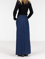 Avalon Denim Maxi Skirt with Split Hem in Indigo Blue