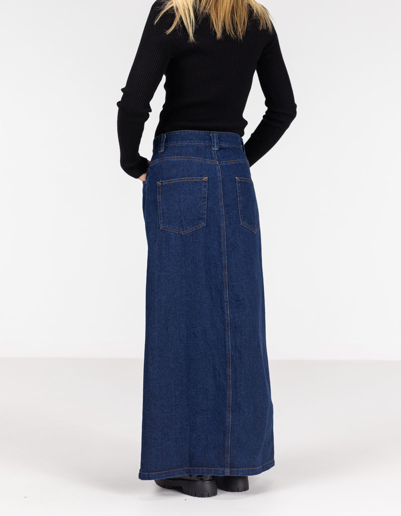 Avalon Denim Maxi Skirt with Split Hem in Indigo Blue