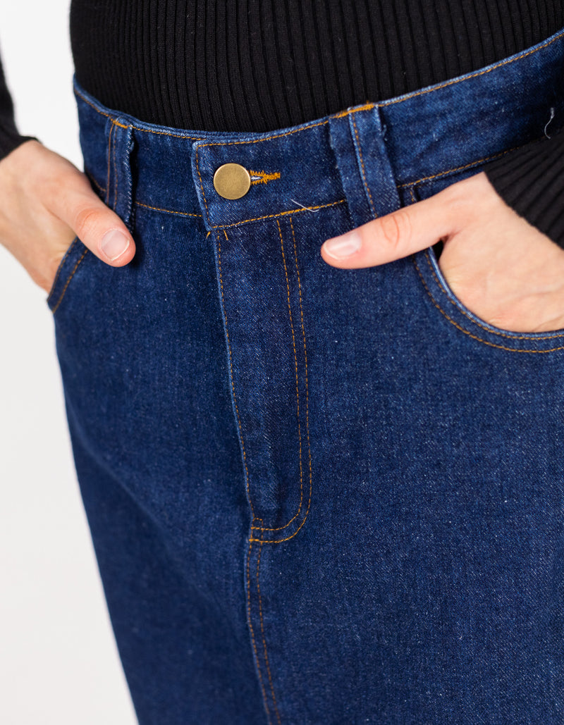 Avalon Denim Maxi Skirt with Split Hem in Indigo Blue