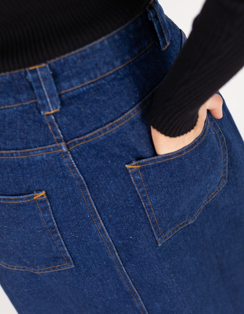 Avalon Denim Maxi Skirt with Split Hem in Indigo Blue