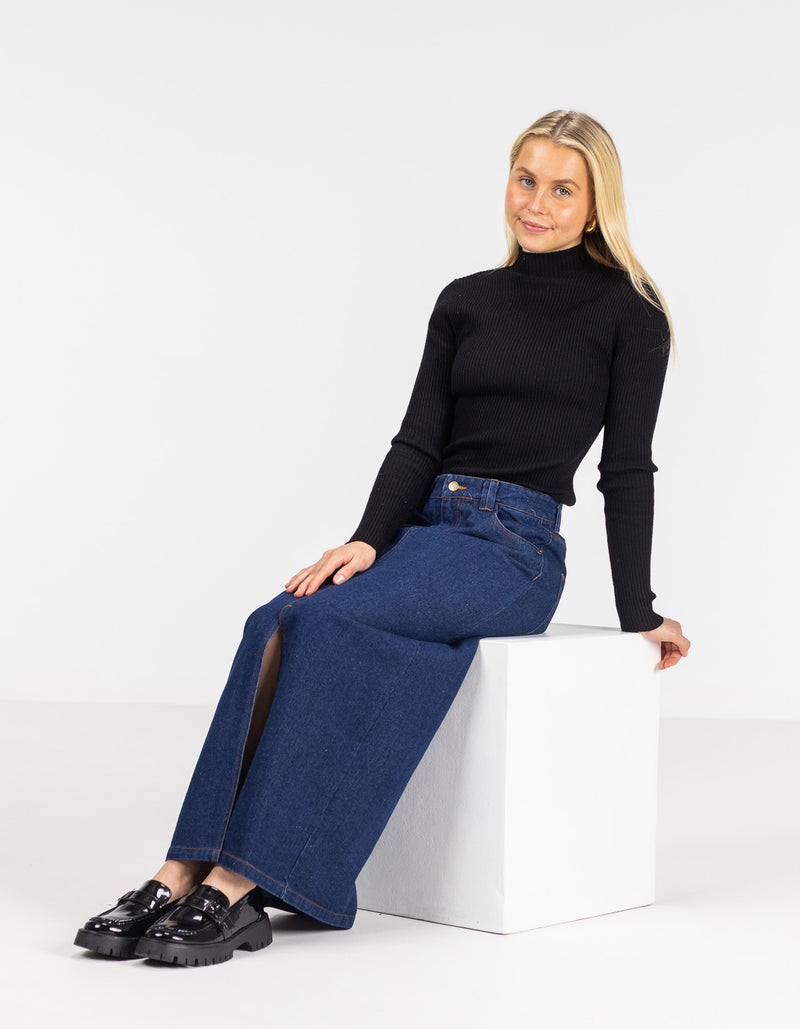 Avalon Denim Maxi Skirt with Split Hem in Indigo Blue