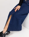 Avalon Denim Maxi Skirt with Split Hem in Indigo Blue