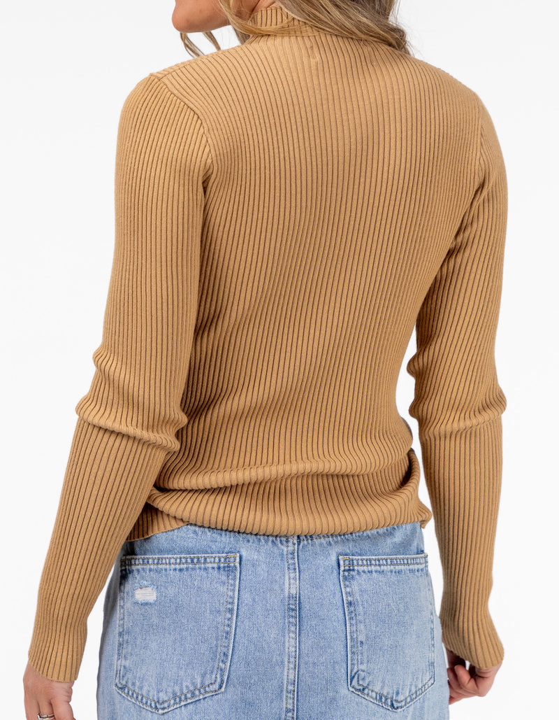 Jesse Fitted Rib Knit Jumper in Camel