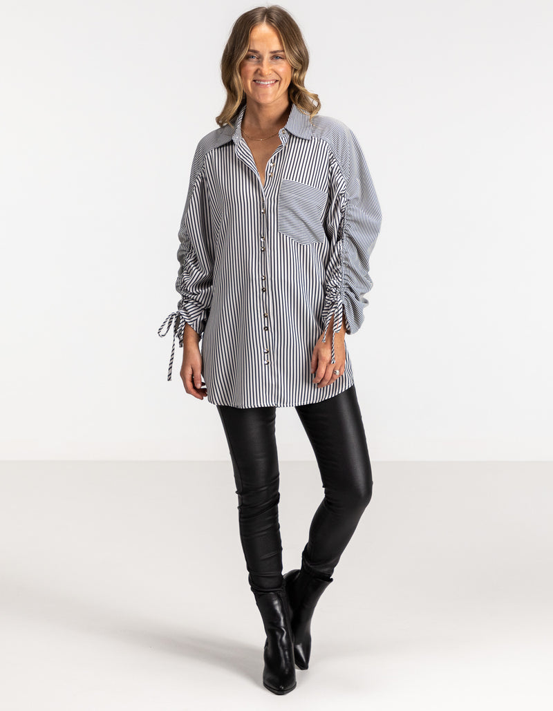 Imogen Drawstring Sleeve Shirt in Black/White Stripe