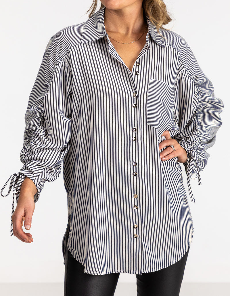 Imogen Drawstring Sleeve Shirt in Black/White Stripe