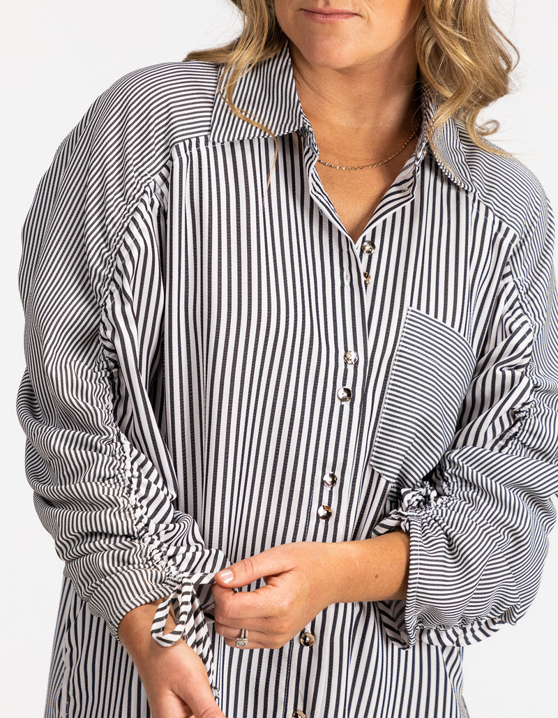 Imogen Drawstring Sleeve Shirt in Black/White Stripe