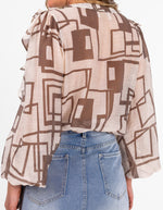 Halcyon V Neck Ruffle Front Top in Beige/Choc Print