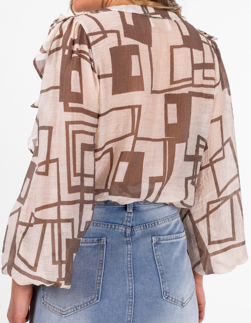 Halcyon V Neck Ruffle Front Top in Beige/Choc Print