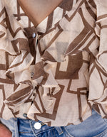 Halcyon V Neck Ruffle Front Top in Beige/Choc Print