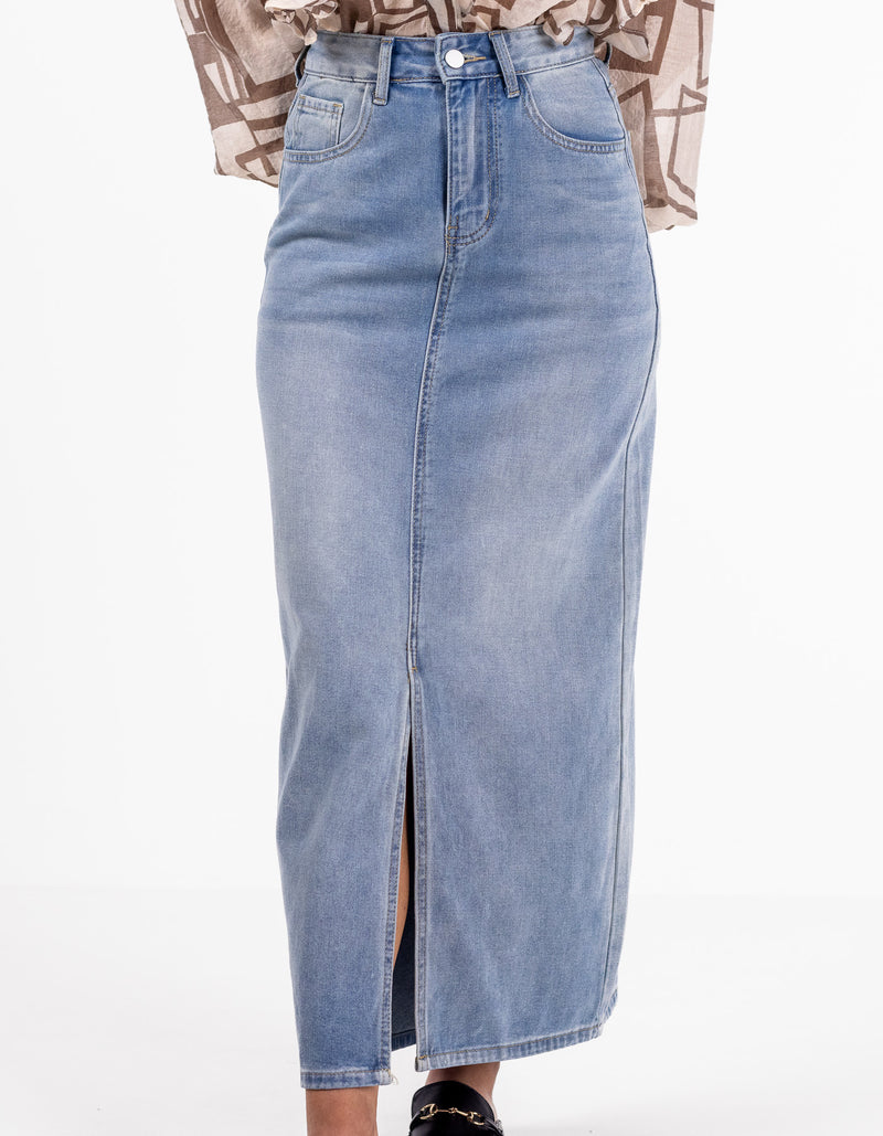 Maxine Denim Maxi Skirt with Front Split in Blue Wash