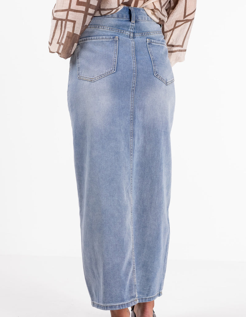 Maxine Denim Maxi Skirt with Front Split in Blue Wash