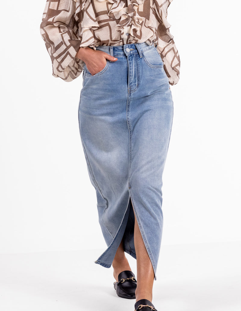Maxine Denim Maxi Skirt with Front Split in Blue Wash