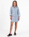 Sable Button Front Long Sleeve Denim Dress in Blue