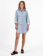 Sable Button Front Long Sleeve Denim Dress in Blue