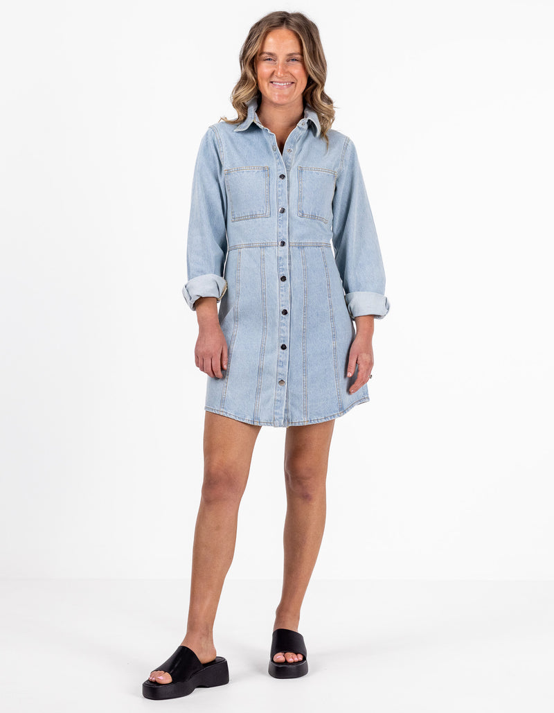 Sable Button Front Long Sleeve Denim Dress in Blue