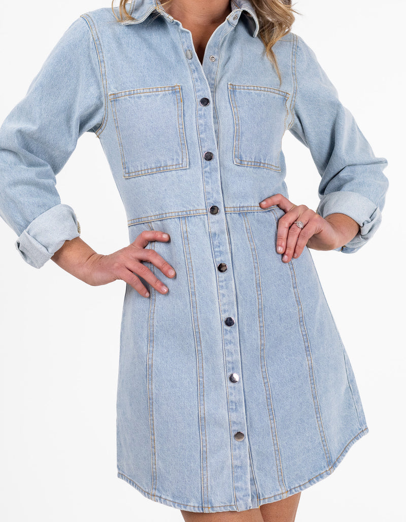 Sable Button Front Long Sleeve Denim Dress in Blue