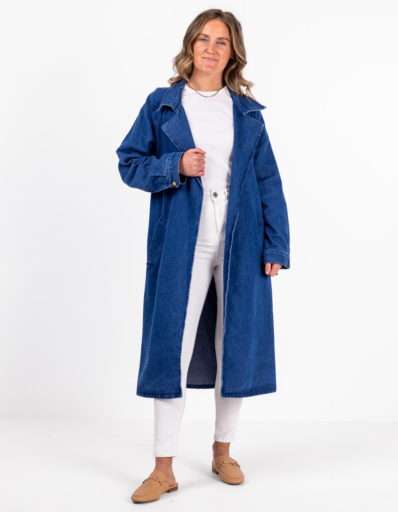 Echo Long Denim Trench in Dark Blue
