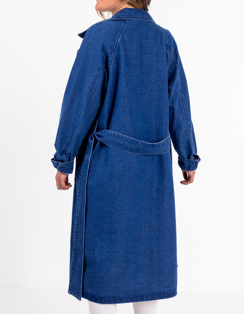 Echo Long Denim Trench in Dark Blue
