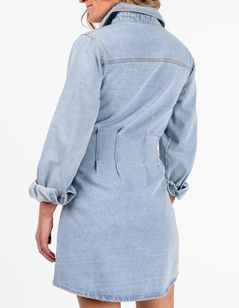 Sable Button Front Long Sleeve Denim Dress in Blue