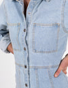 Sable Button Front Long Sleeve Denim Dress in Blue