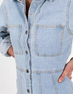 Sable Button Front Long Sleeve Denim Dress in Blue
