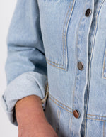 Sable Button Front Long Sleeve Denim Dress in Blue